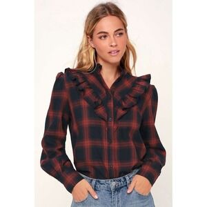 The Fifth Label Nash Plaid Ruffle Blouse S Navy Red Cotton Long Sleeve NWOT